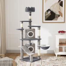 (Light Grey-162CM) Grey Cat Tree With Doors, Hammock, Scratching Post-53/70/107/162/131CM