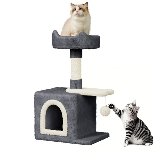 (Dark Grey/Beige-70CM) Grey Cat Tree With Doors, Hammock, Scratching Post-53/70/107/162/131CM