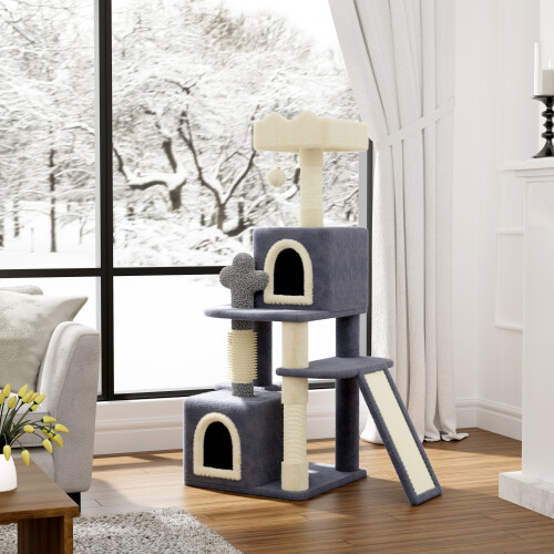 (Dark Grey/Beige-131CM) Grey Cat Tree With Doors, Hammock, Scratching Post-53/70/107/162/131CM
