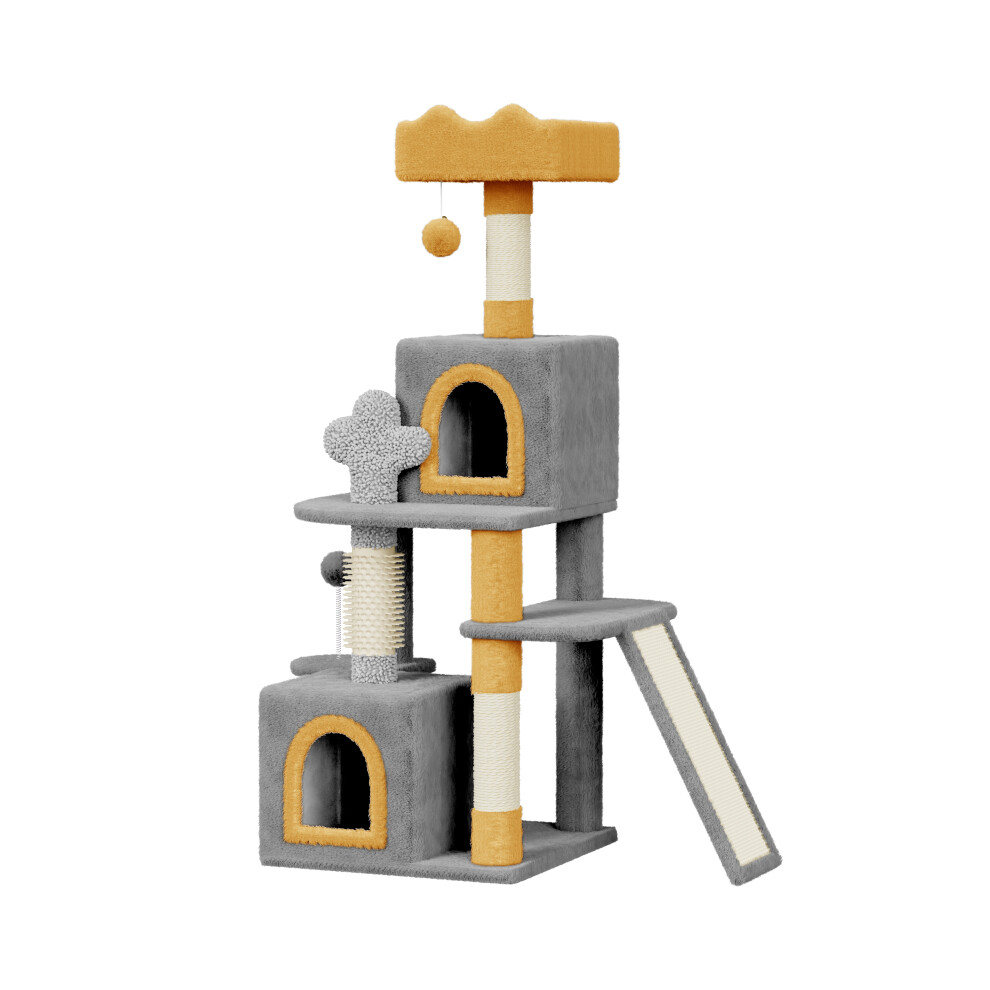 (Light Grey/Yellow-131CM) Grey Cat Tree With Doors, Hammock, Scratching Post-53/70/107/162/131CM