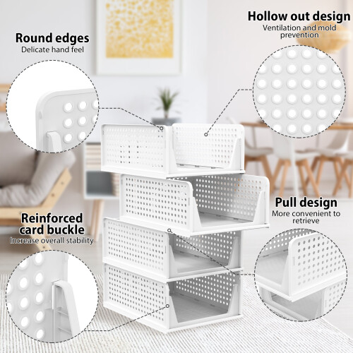 Wardrobe Storage Organiser 4 Pack Stackable Plastic Drawers, Folding Shelves for Clothes, Bedroom, Cupboard & Home 2