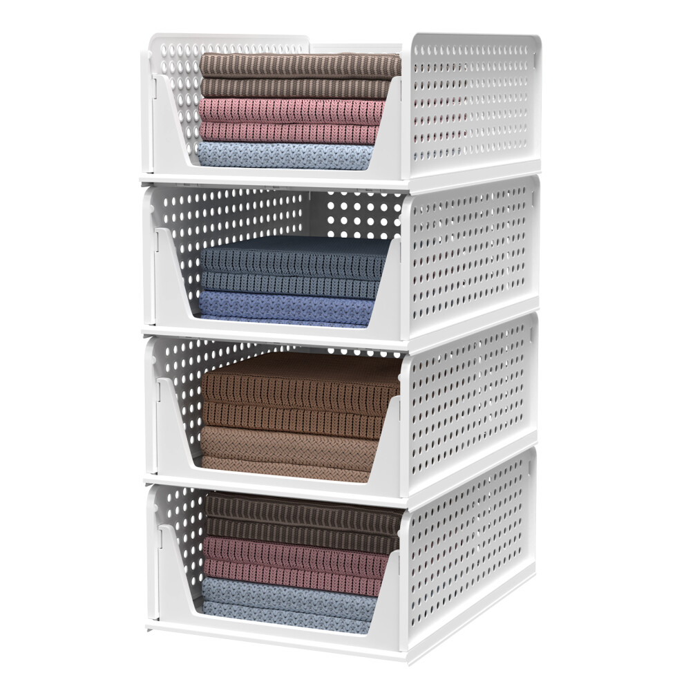 Wardrobe Storage Organiser 4 Pack Stackable Plastic Drawers, Folding Shelves for Clothes, Bedroom, Cupboard & Home