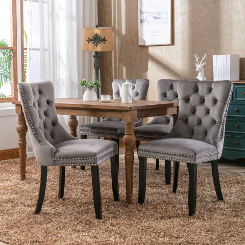 (Grey) Set of 6 Velvet Upholstered Kitchen Dining Chairs