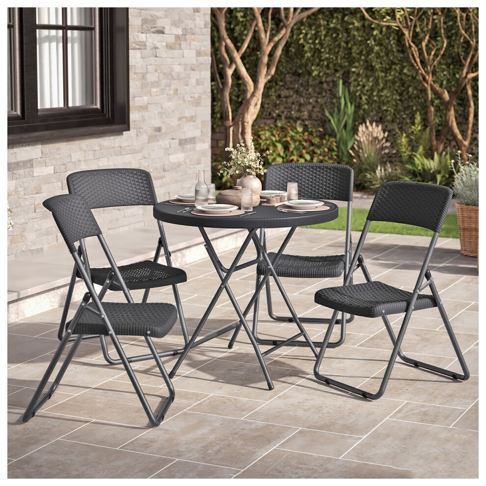 (1 Table + 4 Chairs) Black Rattan Wood Look Round Folding Table & 2/4 Chairs Outdoor Garden Furniture