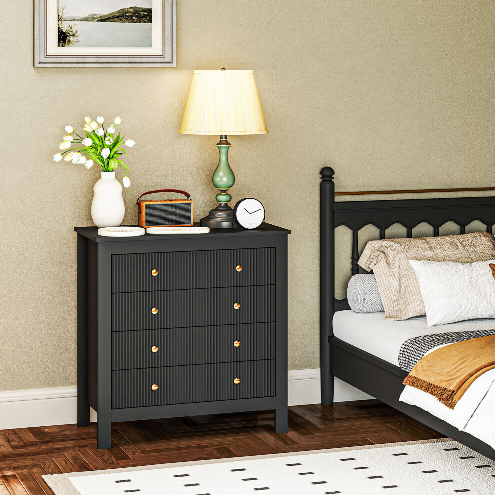 Homcom Fluted Bedroom Chest Of Drawers W/ 5 Drawers Gold Tone Handles Black Black,Gold