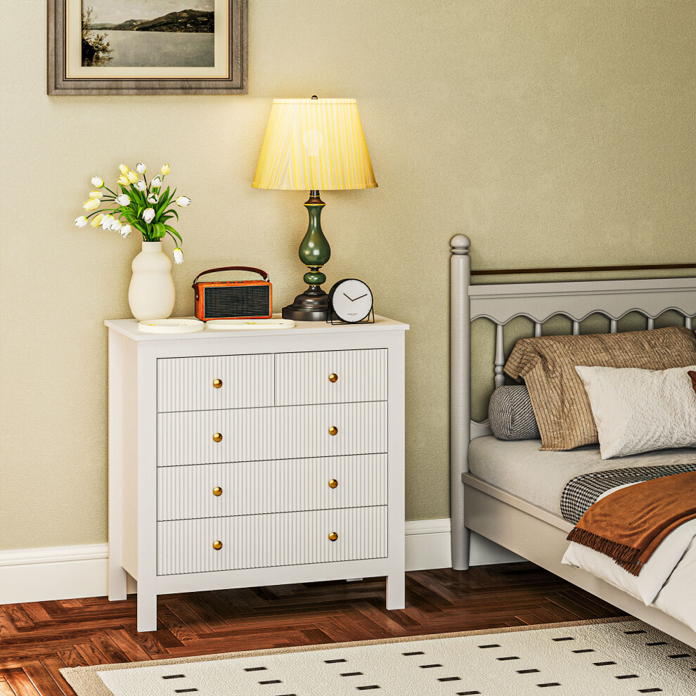Homcom Fluted Bedroom Chest Of Drawers W/ 5 Drawers Gold Tone Handles White White,Gold