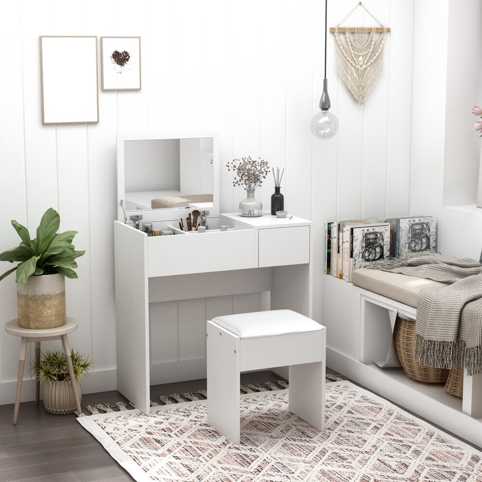 Homcom Dressing Table Set With Flip-Up Mirror Padded Stool Sliding Drawer White