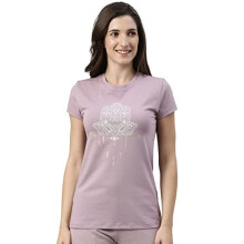Dαmske tricko s krαtkym rukαvom, okrϊhlym vύstrihom, ϊzkym strihom, priedunou elastickou bavlnou a potlacou - E147 (E147-Mauve Pink / Hamsa Grap