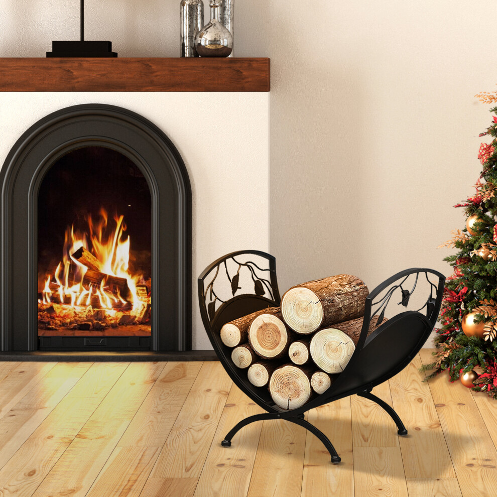 Outsunny Iron Folding Arced Firewood Log Holder Leaf Scroll Panel Indoor Outdoor