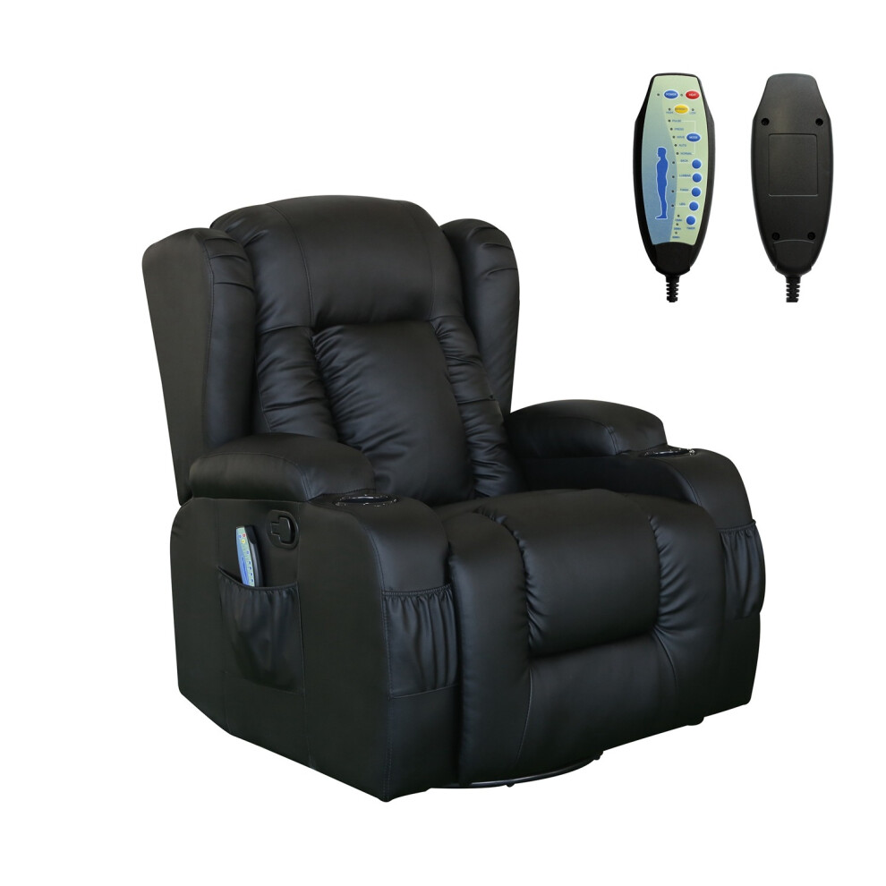 (Black) CAESAR 10 in 1 LEATHER RECLINER MANUAL ARMCHAIR MASSAGE HEATED GAMING WING CHAIR