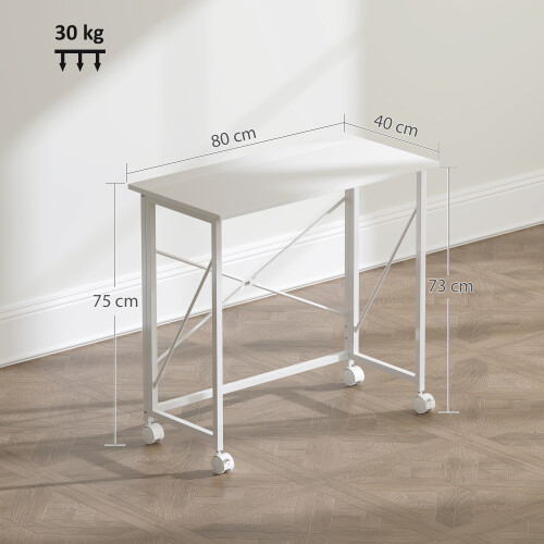 Homcom HOMCOM Folding Desk on Wheels, Writing Table for Home Office, White 2