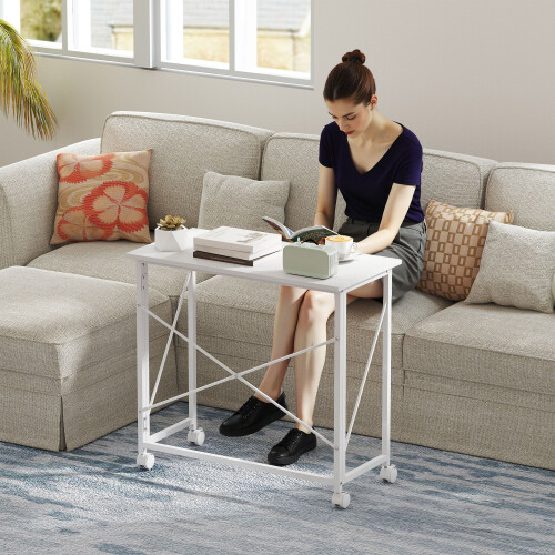 Homcom HOMCOM Folding Desk on Wheels, Writing Table for Home Office, White