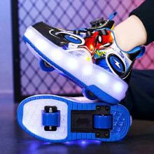 (Blue Spiderman, EUR32(Insole 19.9cm)) Boys LED Light Luminous Shoes Jazzy Children Roller Skate Shoes With Wheels Cartoon Spiderman Print Kids Junior Glowing Sneaker