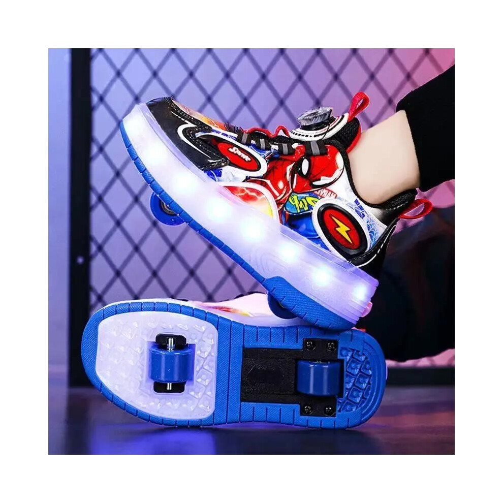 (Red Spider Man, EUR29(Insole 18.2cm)) Boys LED Light Luminous Shoes Jazzy Children Roller Skate Shoes With Wheels Cartoon Spiderman Print Kids Junior Glowing Sneaker