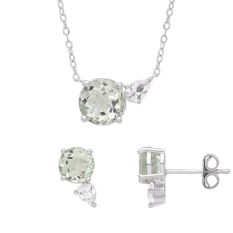 Jewelco London Sterling Silver Green Pear CZ Comet Tail Toi et Moi Earrings Necklace Set - GSET636