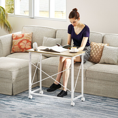 Homcom HOMCOM Folding Desk on Wheels, Writing Table for Home Office, Natural