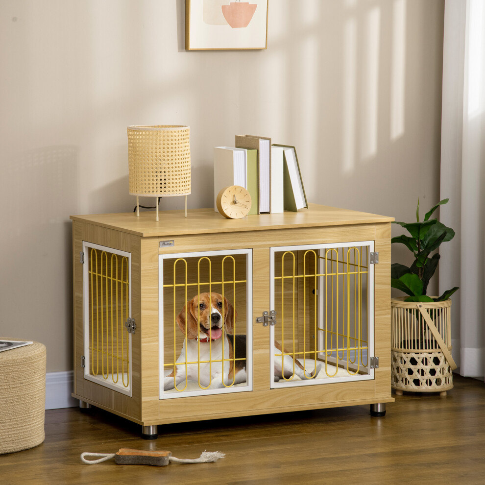 Pawhut Dog Crate Furniture End Table W/ Soft Cushion, Double Door - Oak Tone
