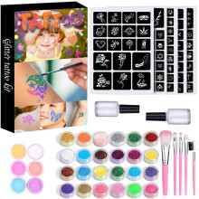 Glitter Tattoo Set, Temporary Tattoo Kit with 24 Glitter Colors&6 Fluorescent Colors, 105 Stencils, 5 Brushes and 2 Glue, DIY Decoration Tattoo Makeup