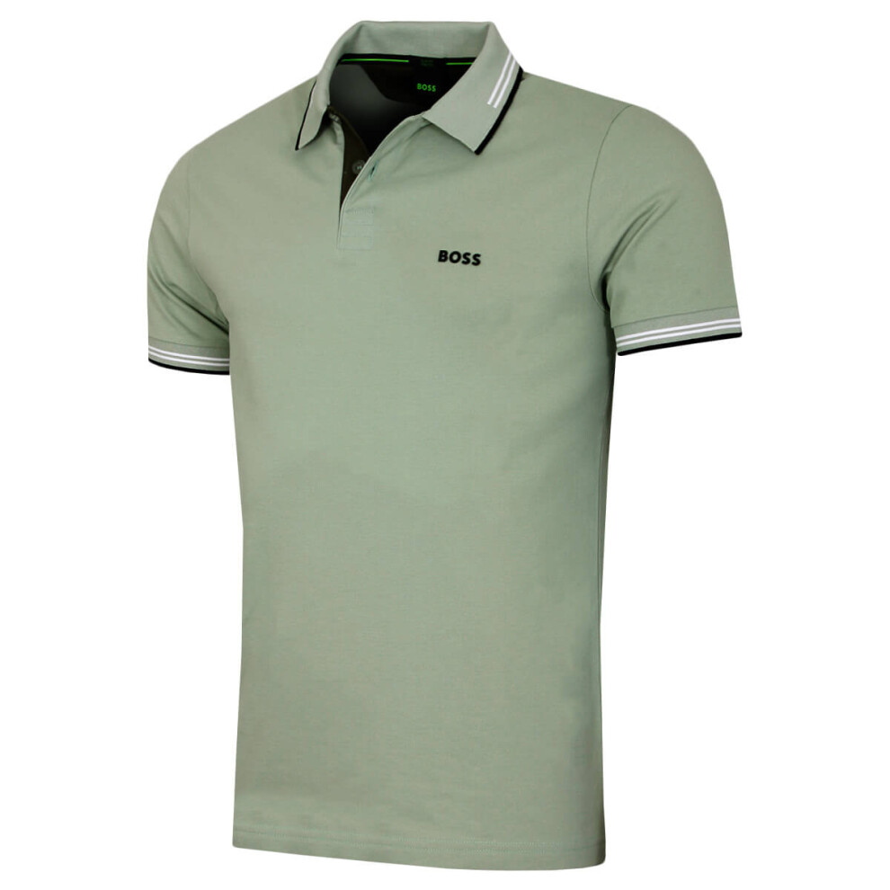 (L, Open Green) Hugo Boss Mens 2025 Paul Cottton-Blend Soft Stretch Essential Golf Polo Shirt