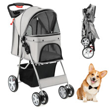 Pet Stroller Cat/Dog Folding Carrier Strolling Cart w/ Basket-Grey