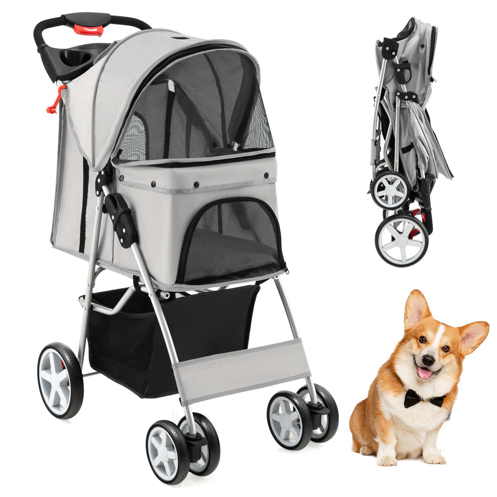Pet Stroller Cat/Dog Folding Carrier Strolling Cart w/ Basket-Grey