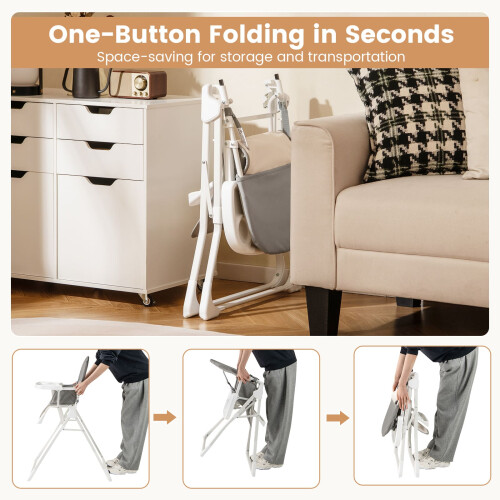 Costway Foldable High Chair Easy Clean Compact Highchair with Tray-Gray 2