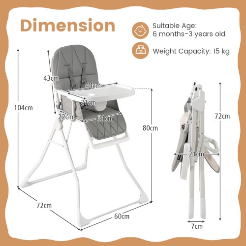 Costway Foldable High Chair Easy Clean Compact Highchair with Tray-Gray 1