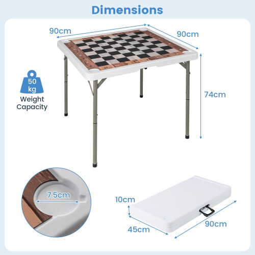 Costway 90 CM Folding Chess Table Square Card Table w/ Removable Table Mat-White 1