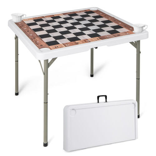 Costway 90 CM Folding Chess Table Square Card Table w/ Removable Table Mat-White