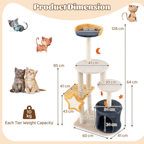 Costway 128 cm Tall Cat Tree Multi-Level Cat Tower w/ Condo & Sisl Scratching Posts 1