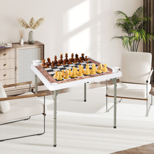 Costway 90 CM Folding Chess Table Square Card Table w/ Removable Table Mat-White 2