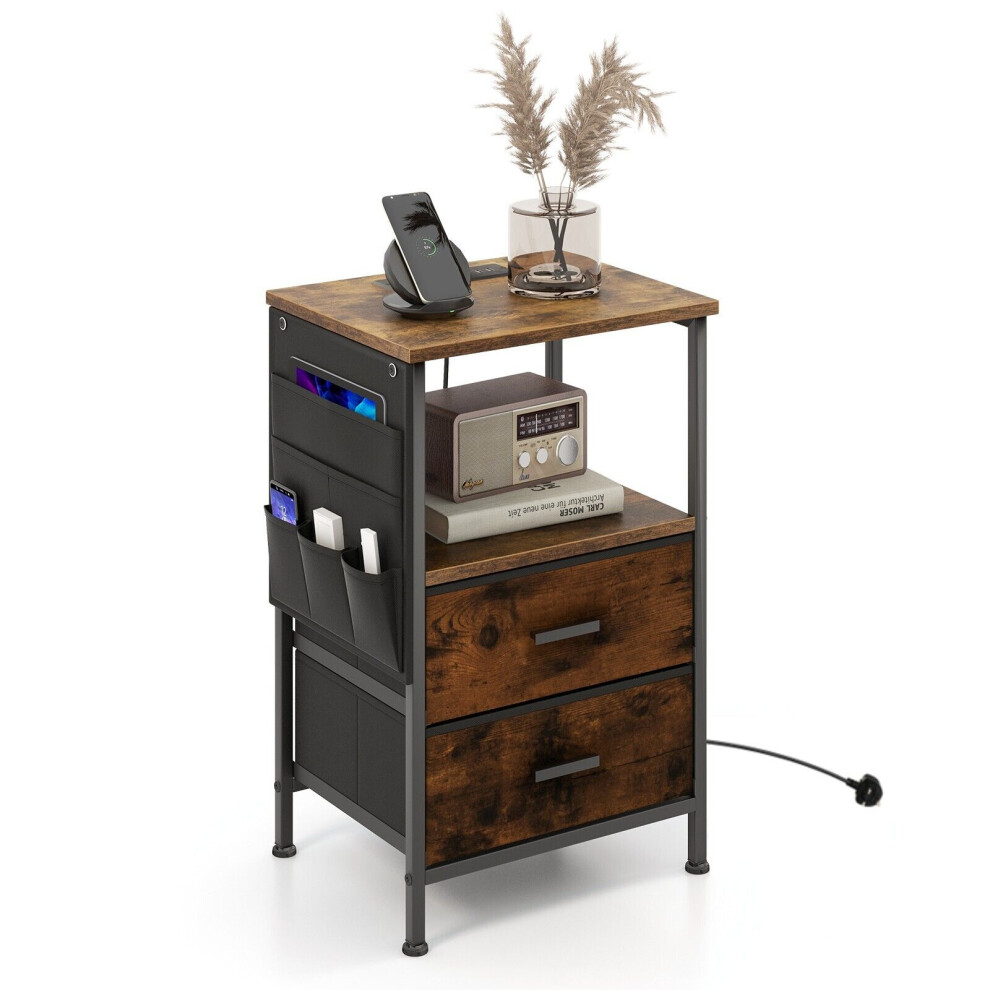 Costway End Table Nightstand With Charging Station Industrial Bedside Table W/ 2 Drawers