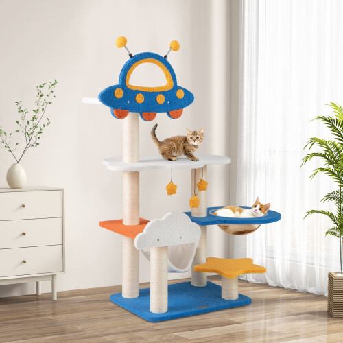 Costway 124cm Tall Cat Tree Space-Themed Multi-Level Cat Kitten Tower w/ UFO Top Perch 1