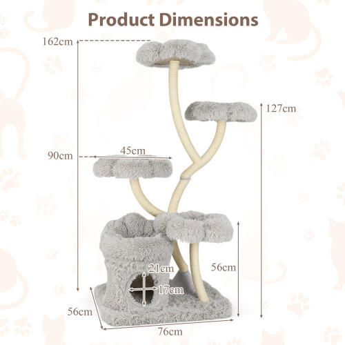 Costway Freestanding Cat Tower 162 cm Tall Cat Tree w/ Flower-shaped Platforms-Grey 1