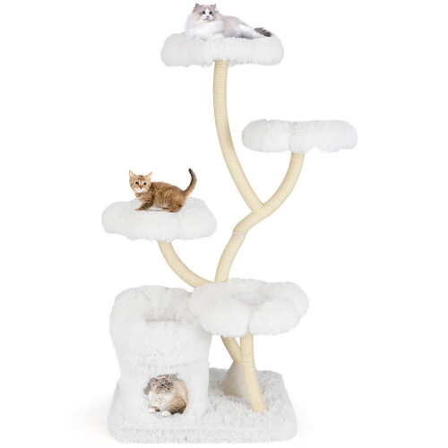 Costway Freestanding Cat Tower 162 cm Tall Cat Tree w/ Flower-shaped Platforms-White