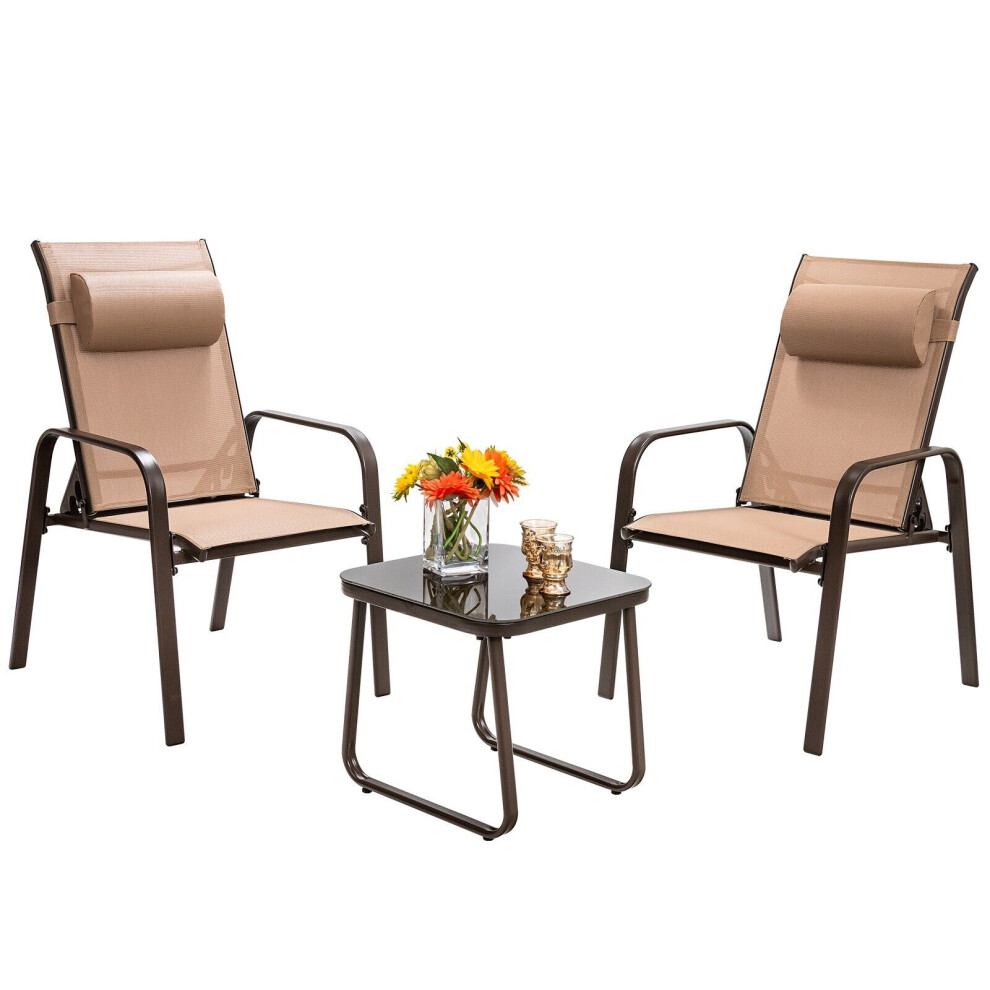 3-Piece Patio Bistro Furniture Set Outdoor Coffee Table Stackable Chairs Set