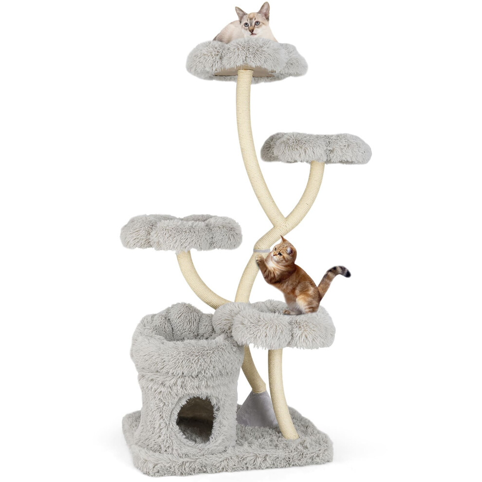 Freestanding Cat Tower 162 cm Tall Cat Tree w/ Flower-shaped Platforms-Grey