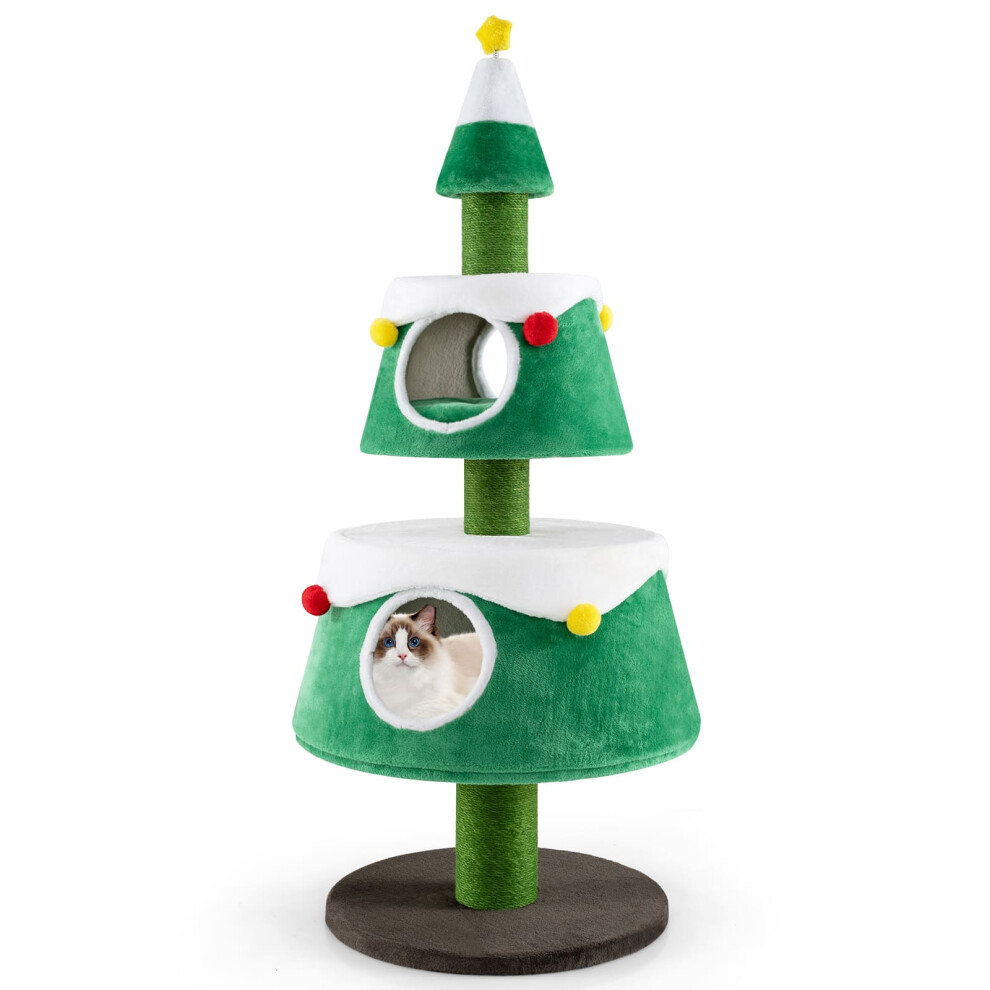 Christmas Cat Tree Cute Cat Tower for Indoor Cats w/ 2 Condos-Green