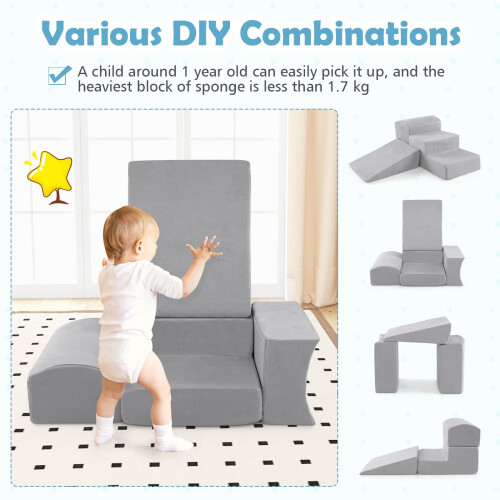 Costway 5-Piece Climb and Crawl Playset Soft Climbing Blocks with Ball Pit Grey 1