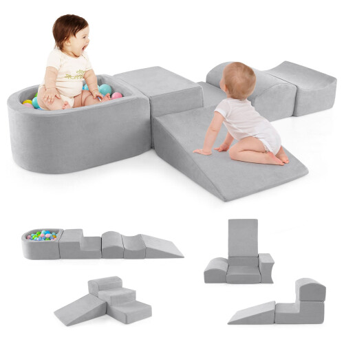 Costway 5-Piece Climb and Crawl Playset Soft Climbing Blocks with Ball Pit Grey