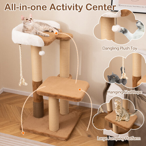 Costway Cat Tree 112cm Modern Kitty Tower w/Plush Padded Perch-Caramel 2