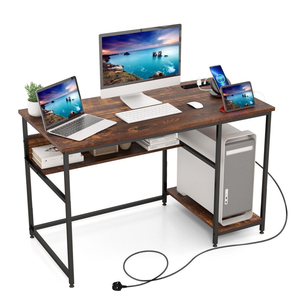 120CM Computer Desk w/ Power Outlet & Shelf Home Office Studying Table