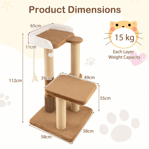 Costway Cat Tree 112cm Modern Kitty Tower w/Plush Padded Perch-Caramel 1