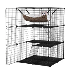 3-Tier Cat Enclosure 107 CM Large Cat Cage w/ Hammock & 2 Ladders-Black