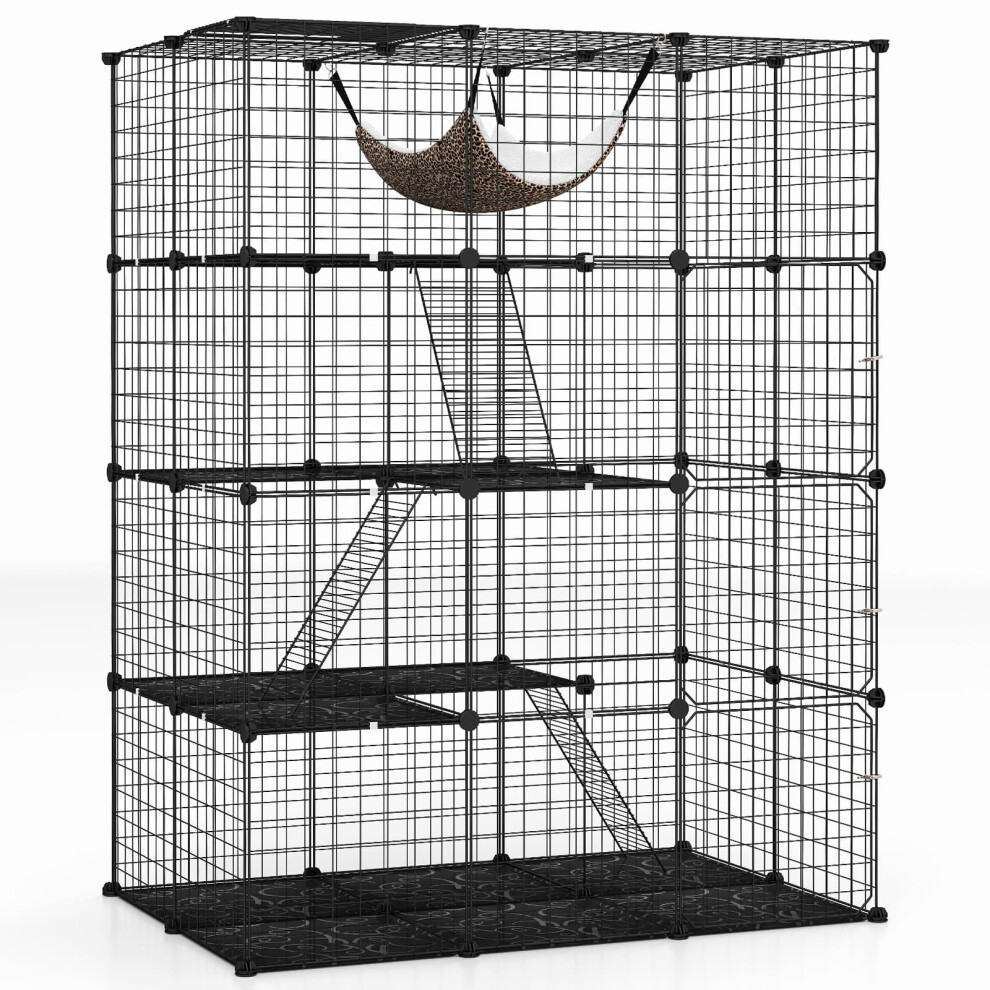 4 Tier Cube Cat Cage 143 CM Large Cat Enclosure w/ Comfy Hammock-Black