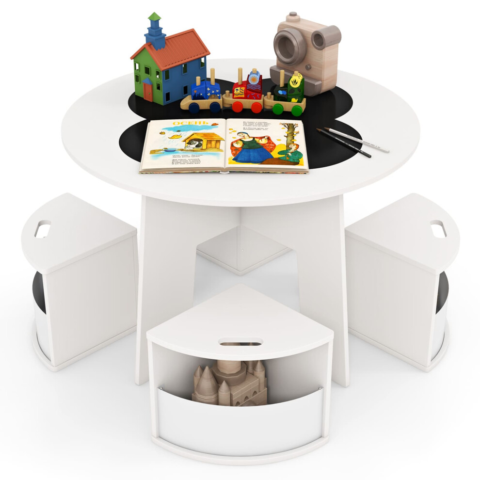 5 PCS Kids Table and Chair Set with 4 Storage Stools for Activity White