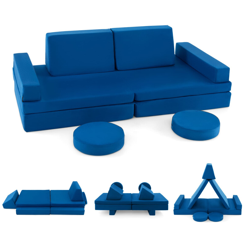 8-Piece Kids Play Couch Sofa Modular Convertible Foam Folding Sofa-Blue