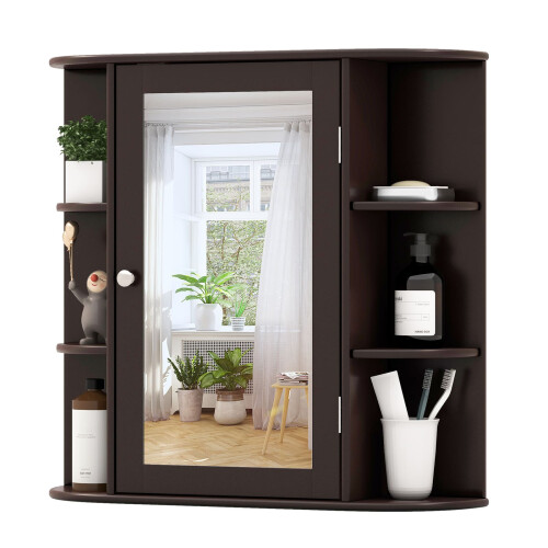 Costway 3 Tier Mirrored Bathroom Cabinet Wall Mount Storage Cupboard-Brown