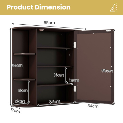 Costway 3 Tier Mirrored Bathroom Cabinet Wall Mount Storage Cupboard-Brown 1