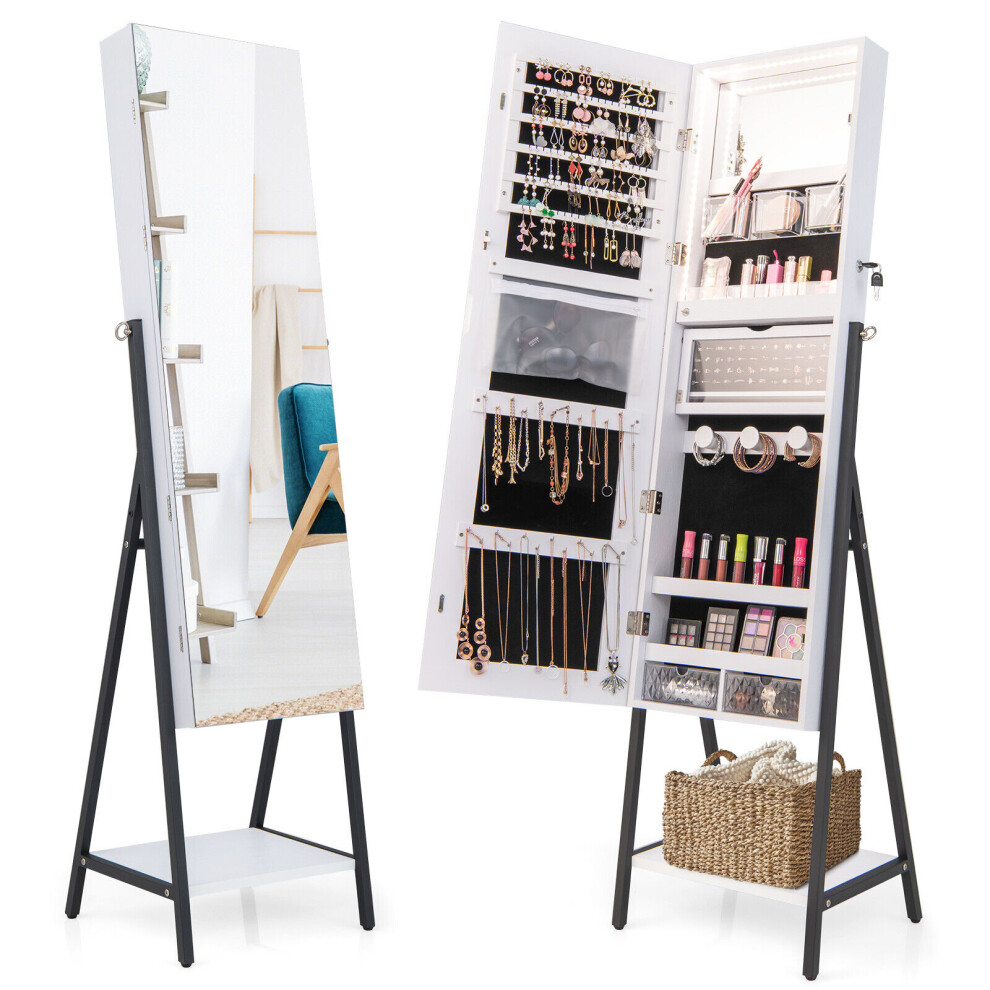 Freestanding Jewelry Cabinet Lockable Floor Jewelry Armoire Organizer w/ LED